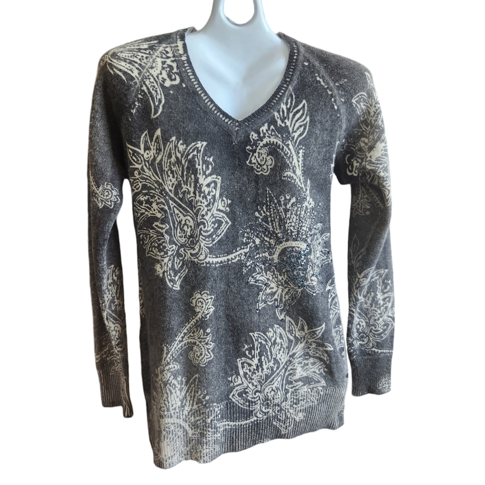 Monte Carlo Boho-glam Knit Gray & White Paisley Sparkly Chic V-Neck Sweater 38